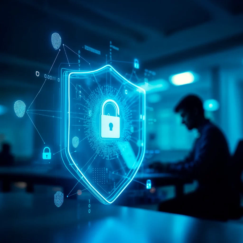 Securitate Digitală: Protejarea Datelor și Actelor Online În era digitală, securitatea informațiilor este primordială. Această imagine, cu scutul luminos și amprentele digitale, simbolizează importanța protejării fiecărui punct de date. Indiferent dacă vorbim despre documente personale, contracte sau informații confidențiale, tranzacțiile și actele online necesită cele mai înalte standarde de siguranță. Ne asigurăm că fiecare interacțiune digitală este protejată, garantând confidențialitatea și integritatea datelor dumneavoastră într-un mediu tot mai conectat.