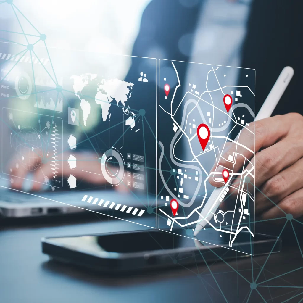 Interfață digitală interactivă cu hărți, indicatori și date analitice, utilizată pe tabletă și smartphone, ilustrând transformarea tehnologică și tendințele de 2025 digitalizare în administrația modernă.