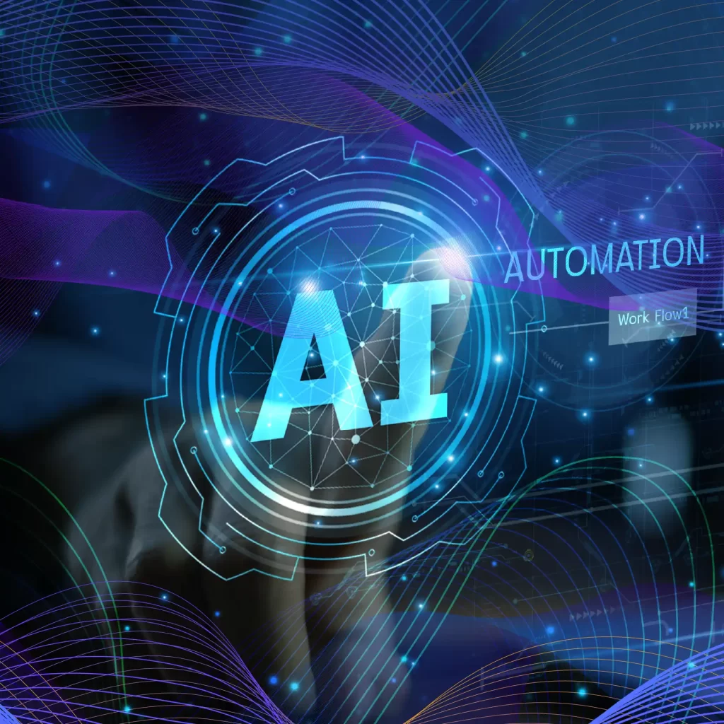 Interfață digitală cu simbol AI și elemente de automatizare, ilustrând aplicarea AI în administrație locală pentru procese mai rapide și eficiente.